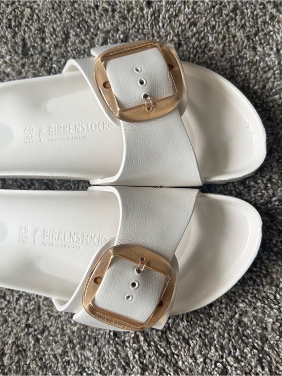 Birkenstock Shoes - Birkenstock White Slide Sandals with Gold-Tone Buckles